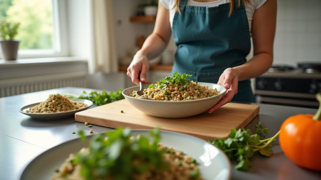Vegetarian woman preparing lentil and rice dish in a bright kitchen, natural light, professional Vegetariana preparando lentilha com arroz na cozinha.