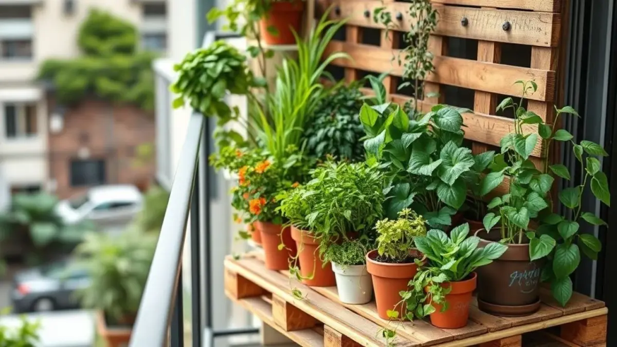 Vertical garden on a small Brazilian gourmet balcony, wooden pallet structure, various potted herbs Jardim vertical com plantas e flores em varanda gourmet pequena, otimizando o espaço.