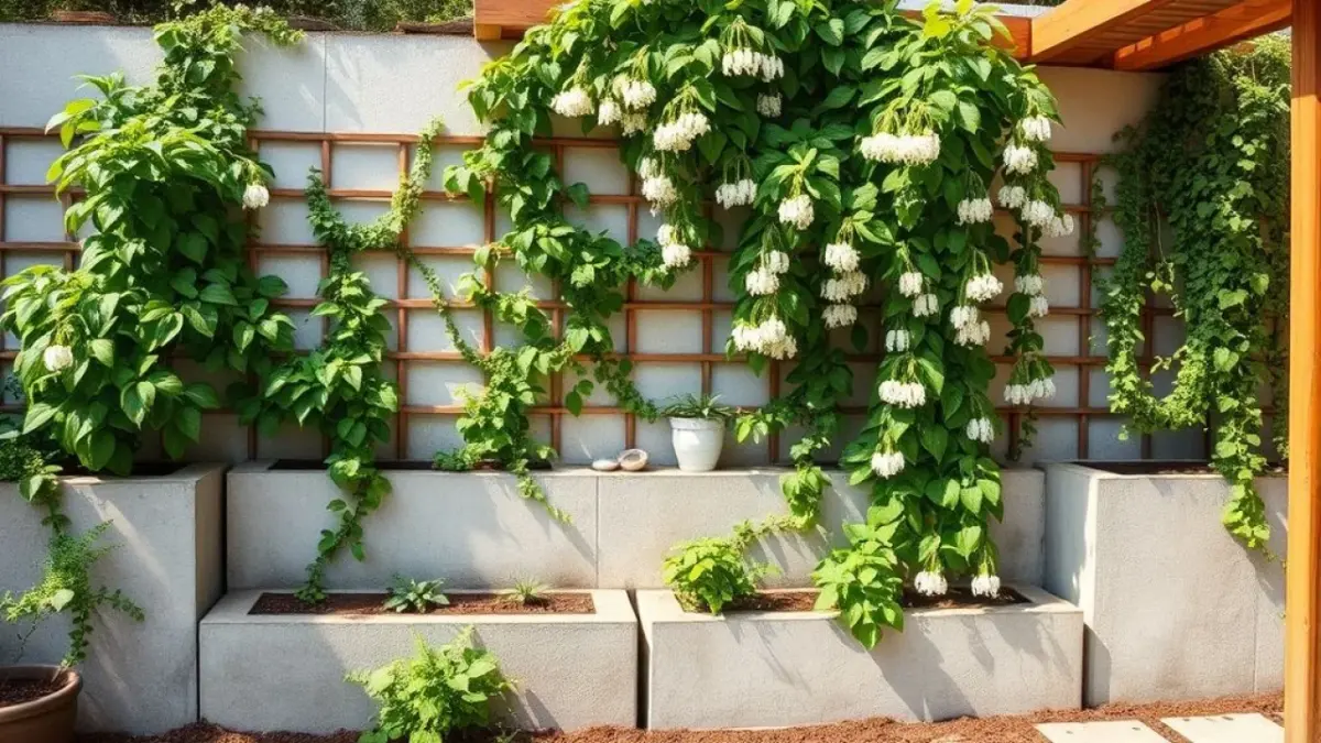 Vertical garden with concrete blocks and wooden trellis, climbing plants like jasmine cascading Jardim vertical com blocos e treliças de madeira. Jasmim em cascata. Quintal brasileiro.