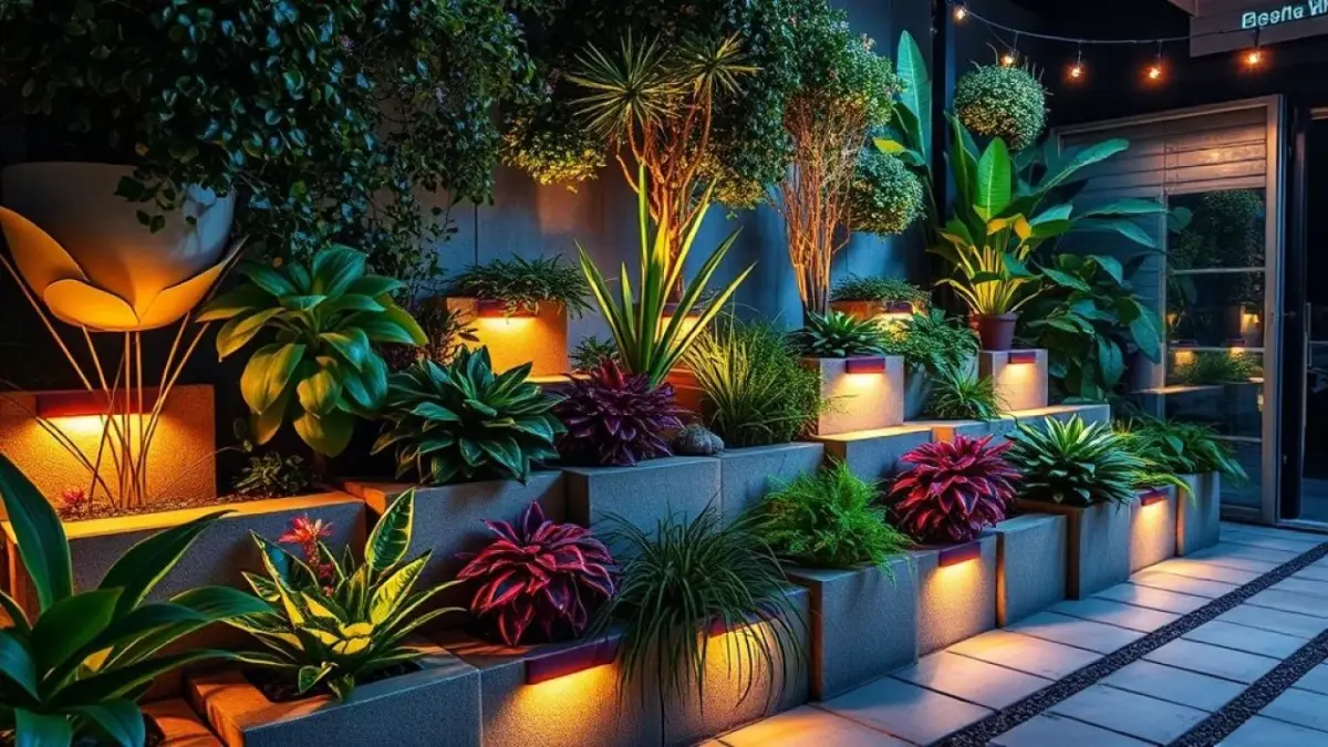 Vertical garden with concrete blocks illuminated by warm LED strip lights, creating a cozy Jardim vertical iluminado com LED. Ambiente aconchegante em pátio brasileiro.