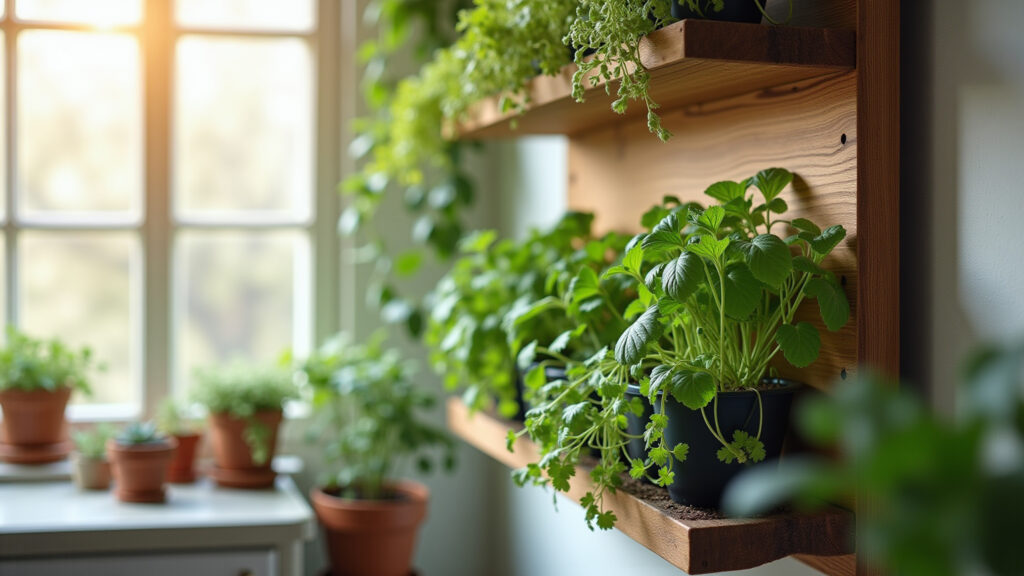 Vertical wall raised garden, small space, herbs, bright, natural light, lifestyle photography, 8K. Horta elevada vertical na parede, otimizando espaços pequenos.