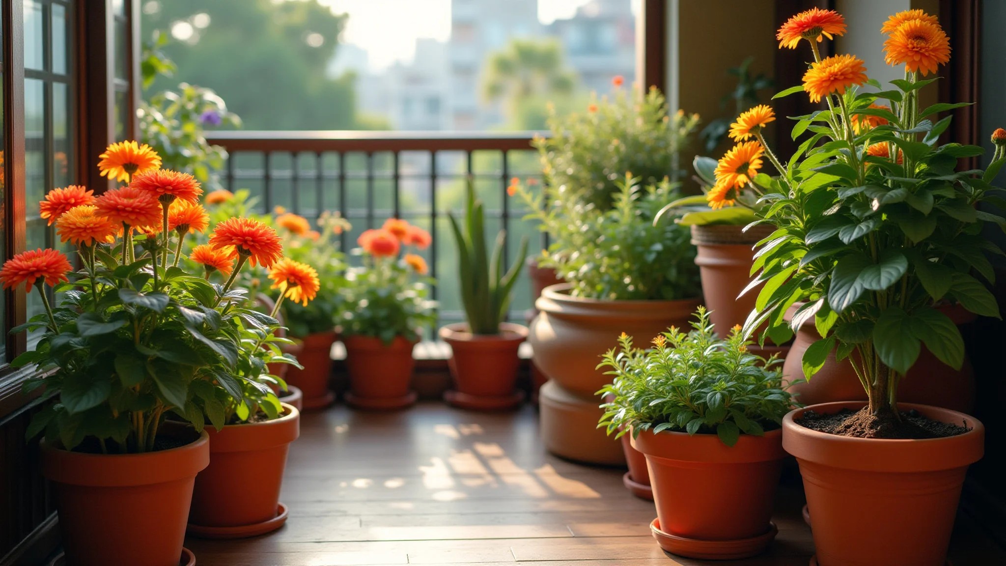 Sacada florida de apartamento com diversas flores em vasos, ambiente aconchegante.