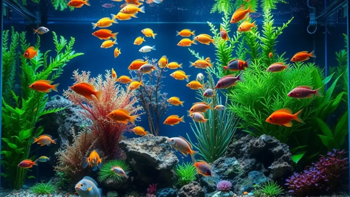 Vibrant, healthy aquarium teeming with colorful fish and lush aquatic plants. Professional aquarium Aquário vibrante com peixes coloridos e plantas saudáveis.