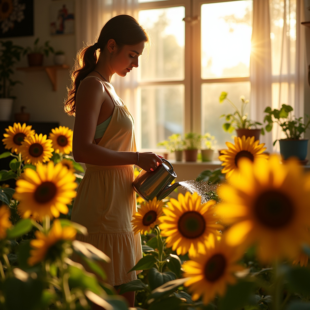 Vibrant sunflowers in a sunlit Brazilian living room, woman watering, professional photography, 8K Girassóis vibrantes atraindo riqueza e sucesso em lar brasileiro.