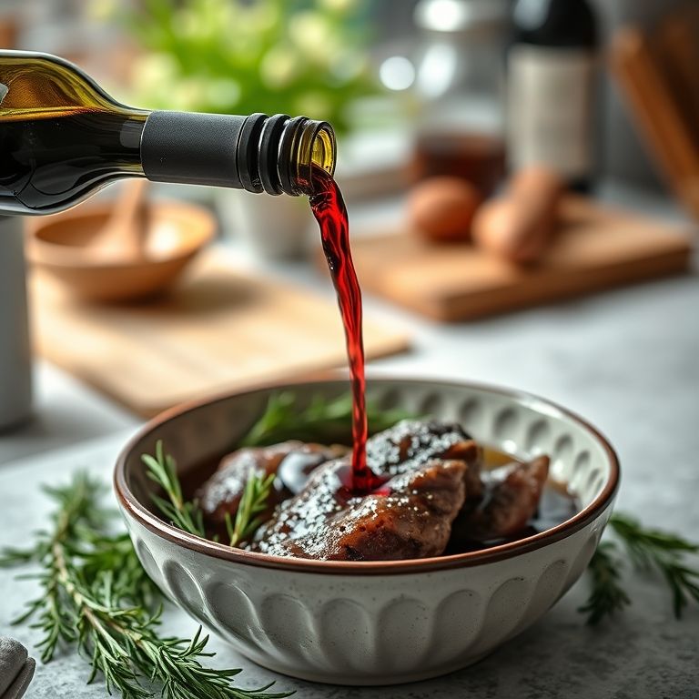 Vinho tinto sendo adicionado à marinada de pernil de cordeiro.