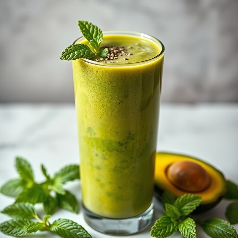 Vitamina turbinada de abacate com chia, menta e cor verde vibrante.