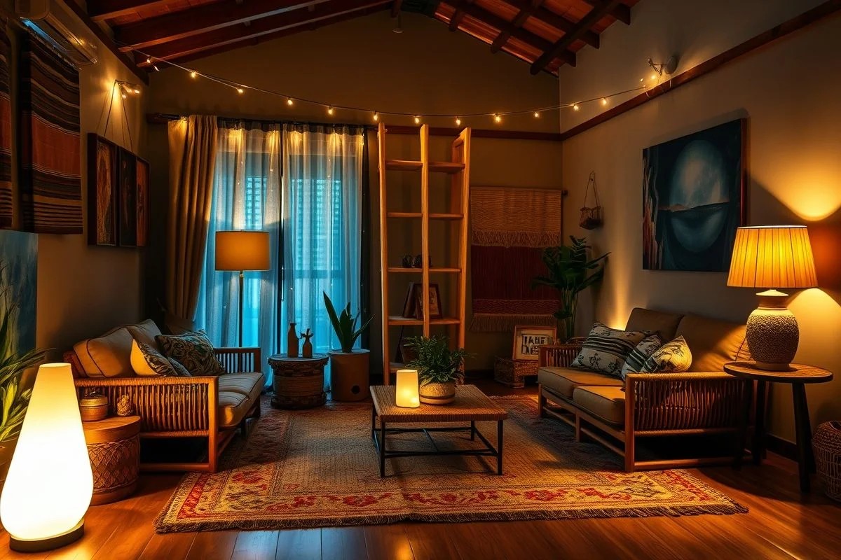 Sala de estar brasileira aconchegante com iluminação indireta.
