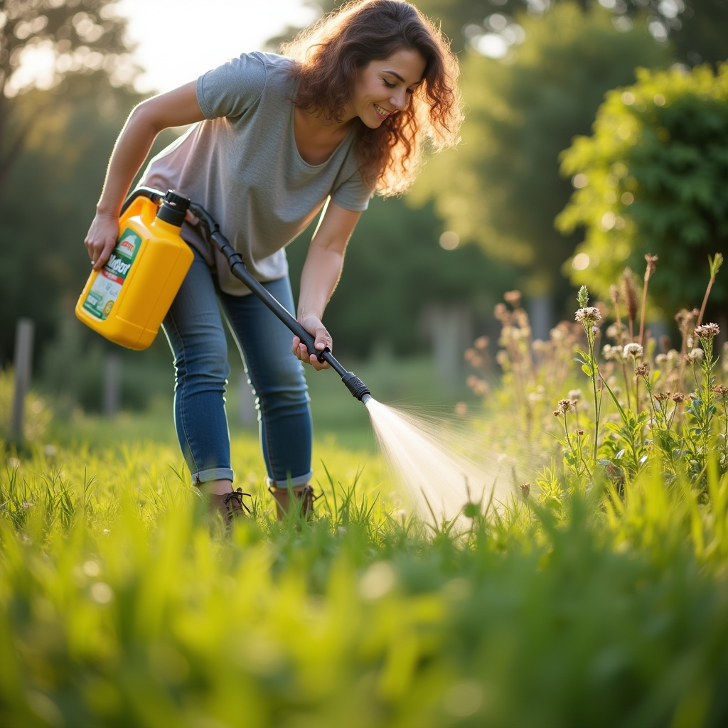 Woman applying Roundup in garden, focus on weed killing, sunny day, professional photography, 8K Mulher aplicando Roundup no jardim para eliminar plantas daninhas.