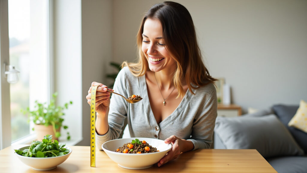Woman eating lentil salad, measuring tape on table, natural light, 8K, lifestyle photography, Mulher comendo salada de lentilha, aliada do emagrecimento.
