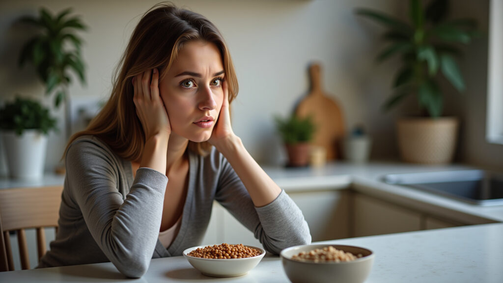 Woman feeling tired, bowl of lentils nearby, iron supplement alternative, natural light, 8K, sharp Mulher cansada com lentilha para combater anemia.