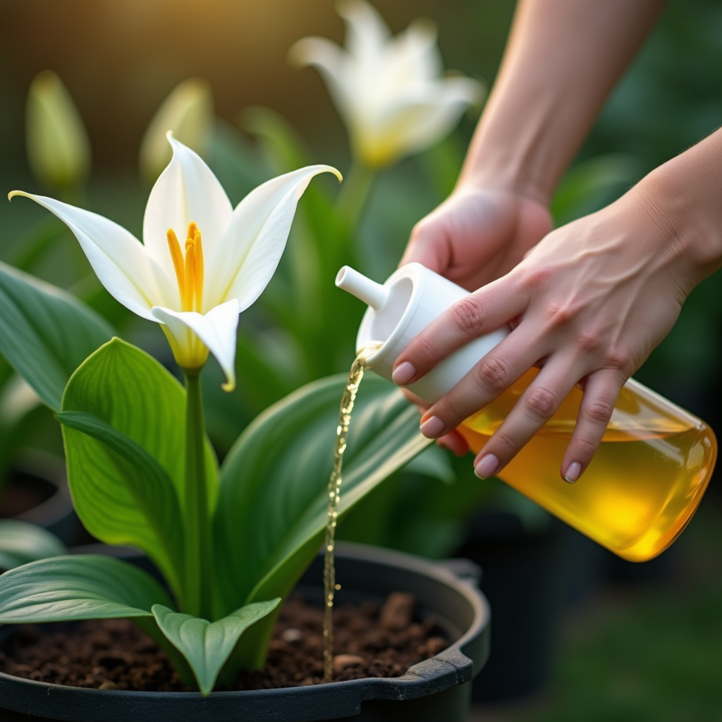 Woman fertilizing peace lily with liquid fertilizer. Close-up on hands, plant, fertilizer bottle. Adubando lírio da paz com fertilizante líquido.