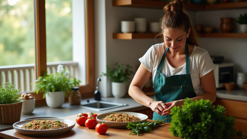 Woman preparing a simple lentil dish with fresh vegetables in a cozy kitchen, natural light, Mulher preparando lentilha com legumes na cozinha.