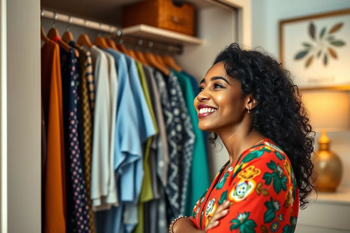 Mulher sorrindo para armário organizado: auto-estima e organização.