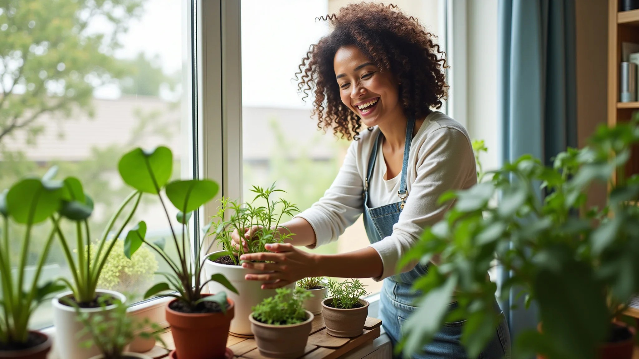 Mulher cuidando de seu jardim na sacada, diversas plantas, expressão feliz.