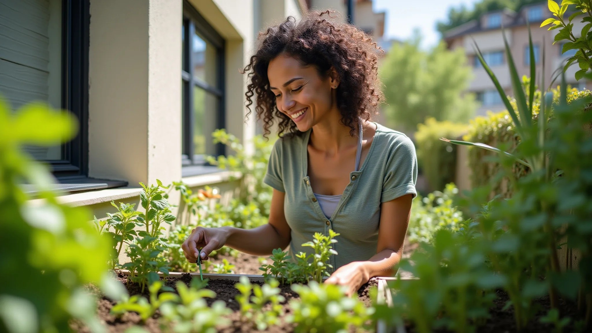 Mulher cuidando de sua horta urbana em uma varanda ensolarada, com diversas plantas comestíveis.