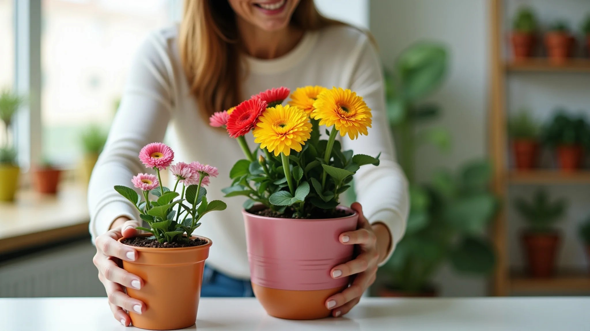Mulher transplantando flores coloridas de um vaso pequeno para um vaso de cerâmica maior.