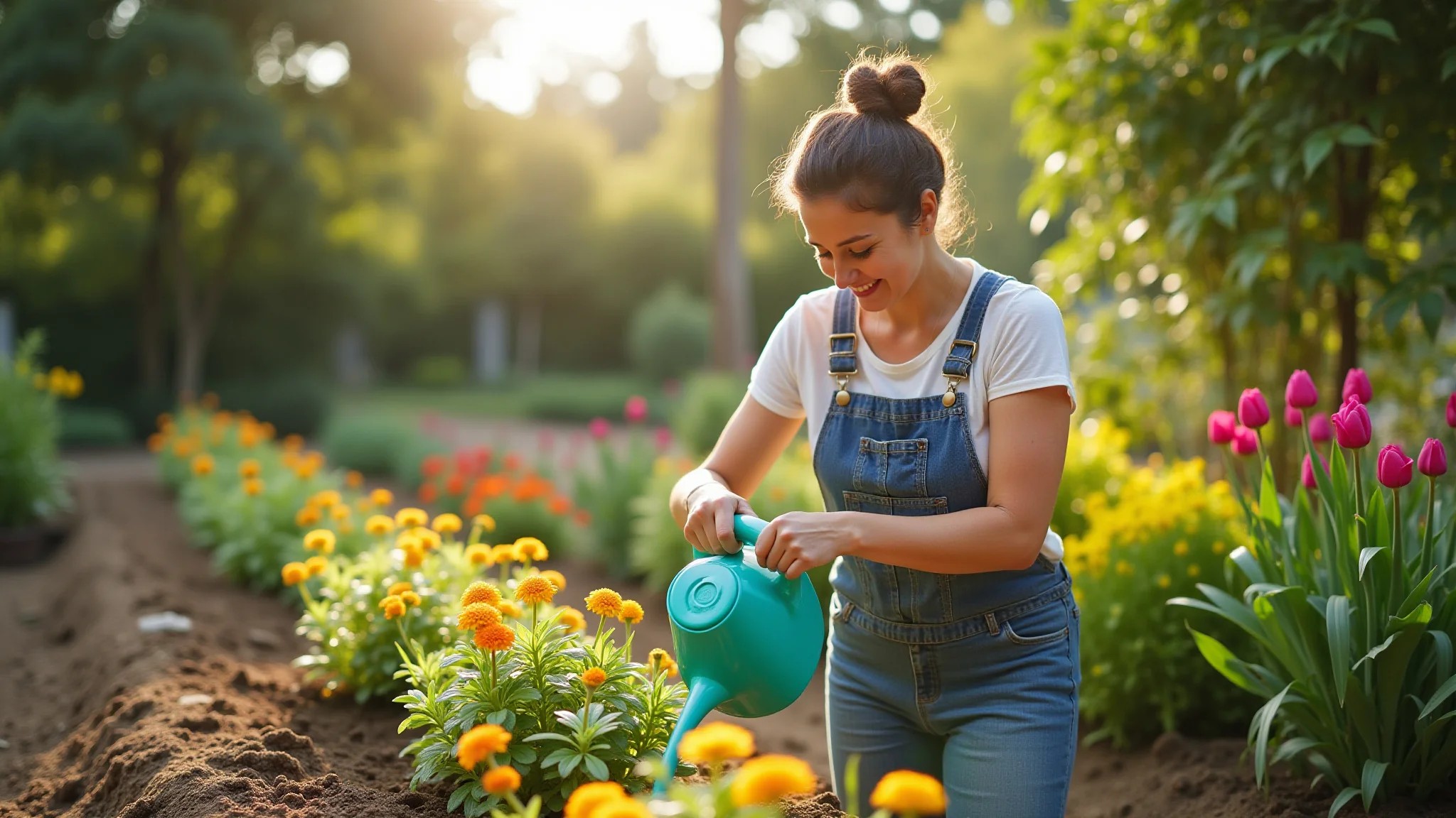Mulher regando flores recém-transplantadas em um jardim ensolarado com estilo brasileiro.