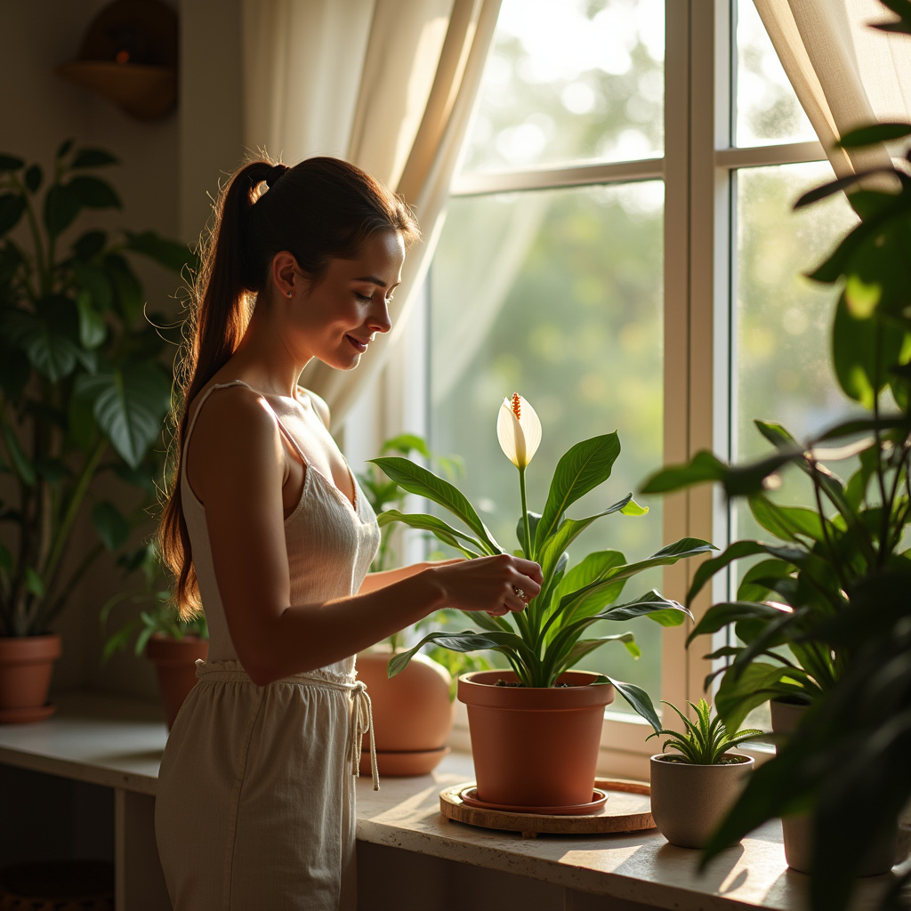 Woman watering peace lily in a sunlit Brazilian apartment. Farm Rio style decor, plants, cozy Mulher regando lírio da paz em apartamento iluminado.