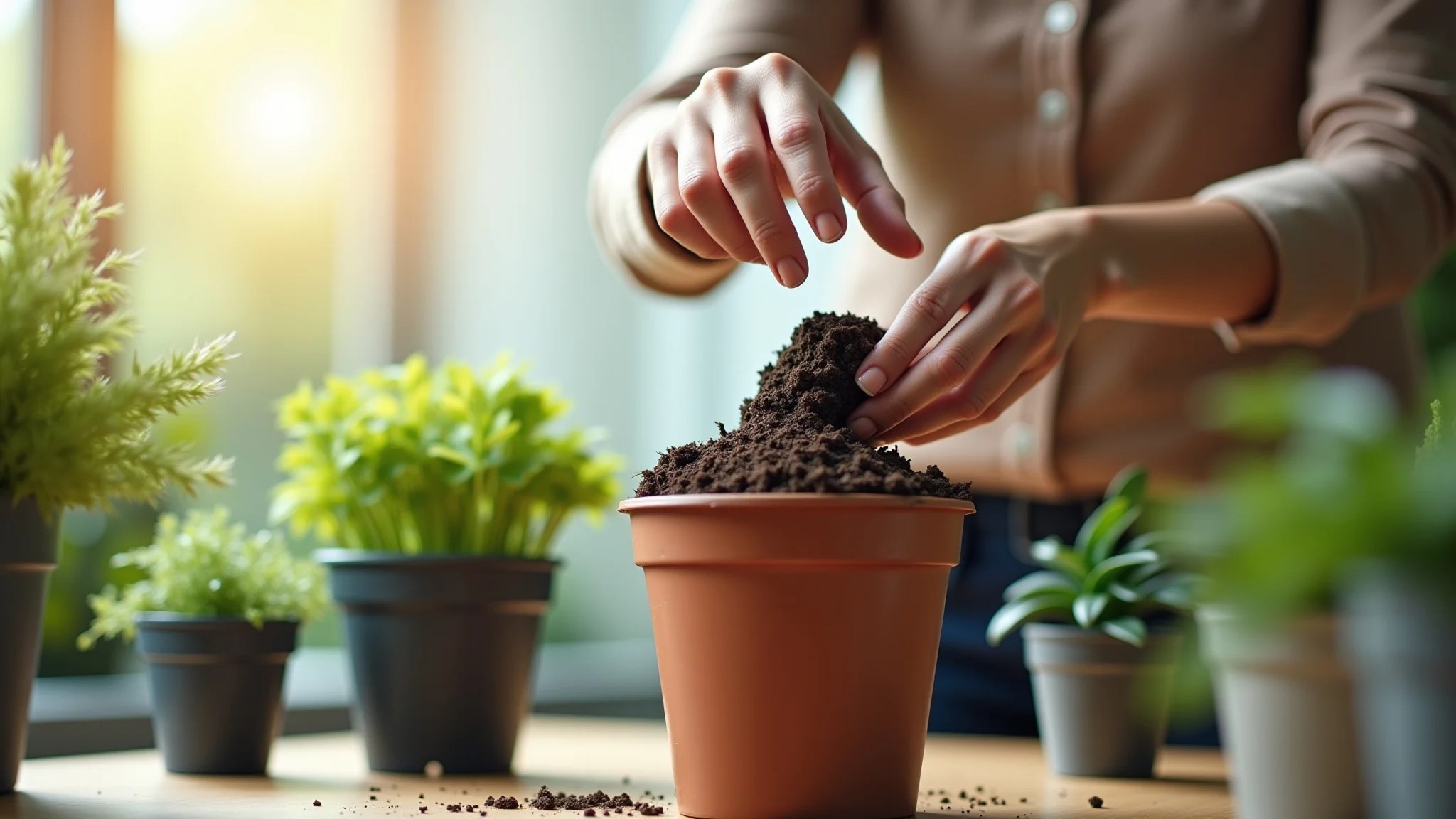 Mão de mulher testando a umidade do solo em vaso de planta.