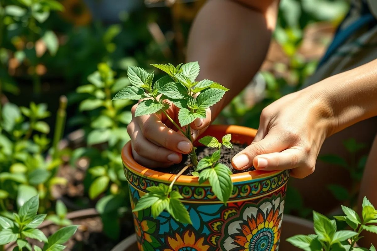 Mulher transplantando muda de erva cidreira para vaso maior.