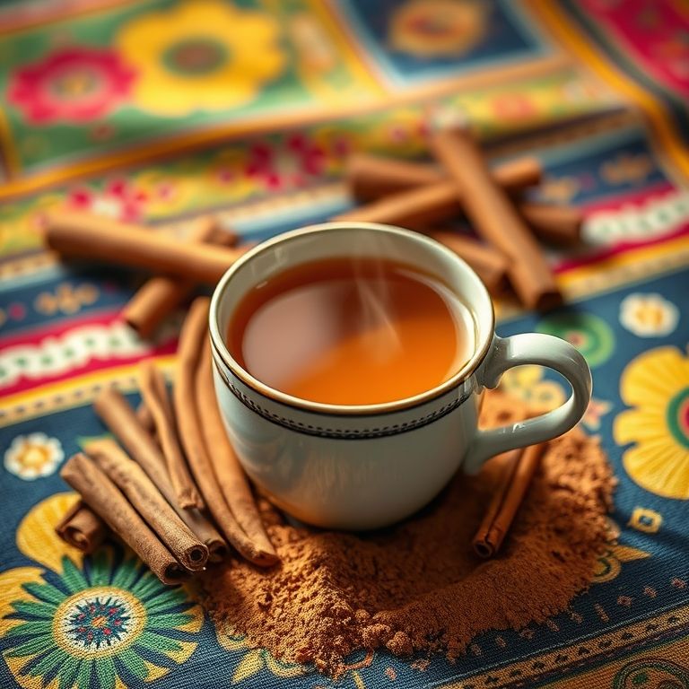 Xícara de chá de canela com canela em pau e moída.