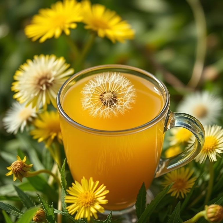 Xícara de chá de dente de leão com flores ao fundo, ideal para baixar o ácido úrico de forma natural.