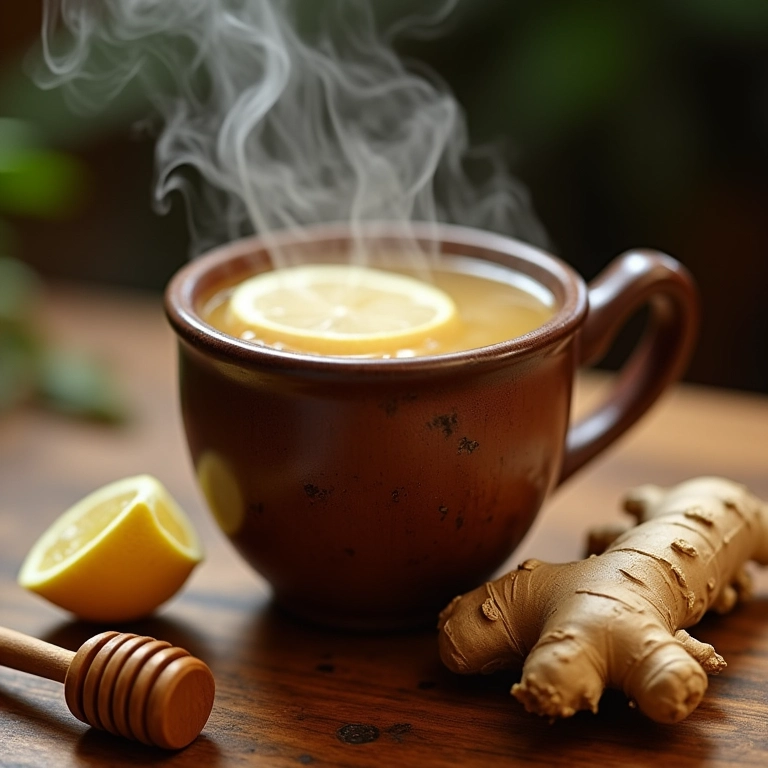 Xícara de chá de gengibre fumegante com limão e mel, ao lado de raiz de gengibre fresca.