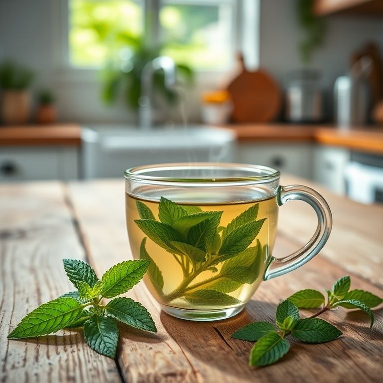 Xícara de chá de hortelã com folhas frescas em mesa de madeira.