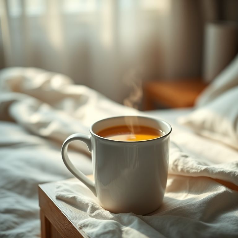 Xícara fumegante de chá de banana ao lado da cama, promovendo relaxamento e sono.