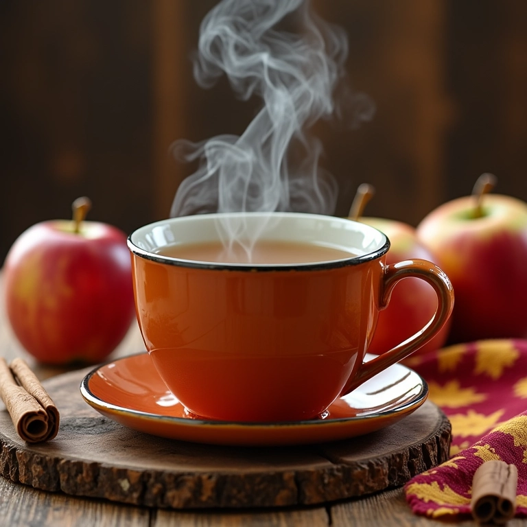 Xícara fumegante de chá de maçã com maçãs e canela em uma mesa rústica.