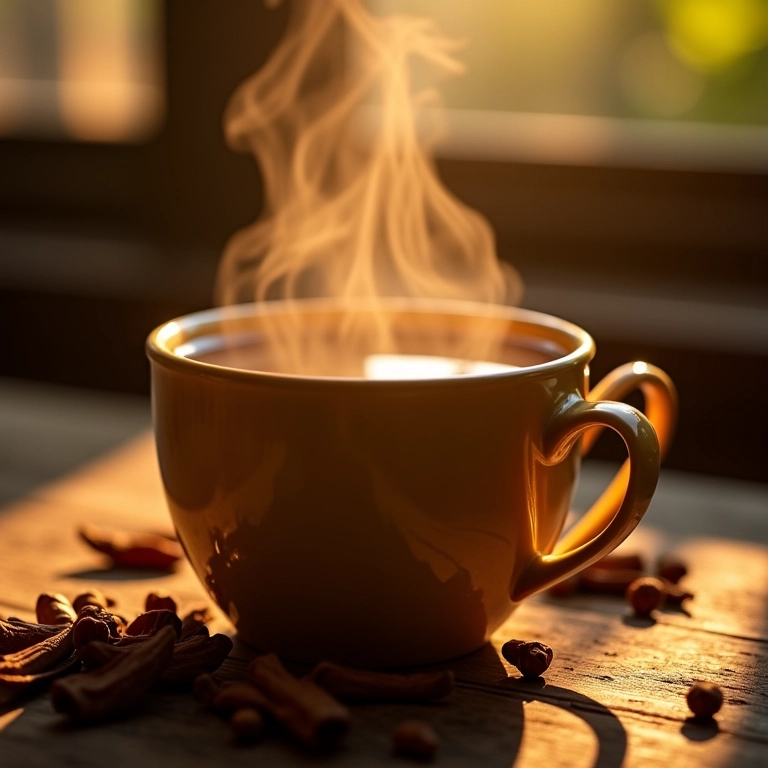 Xícara fumegante de chá de raiz de alcaçuz com especiarias brasileiras.