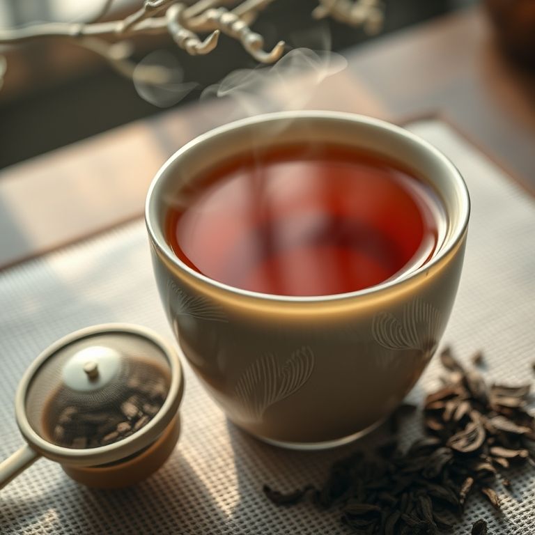 Xícara fumegante de chá Pu-erh, destacando a cafeína presente.