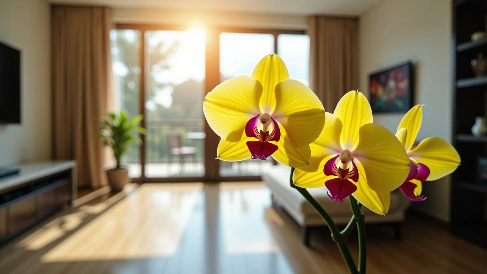 Orquídeas amarelas em apartamento moderno, elegância e prosperidade.