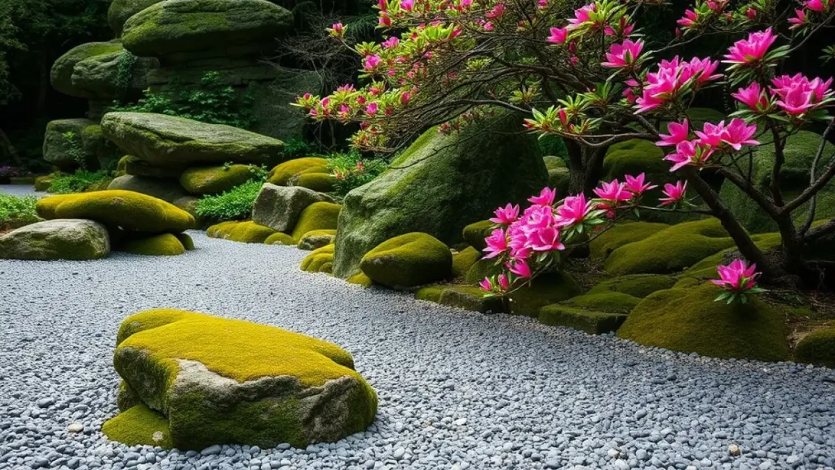 Jardim japonês zen no Brasil com azaleias, pedras e cascalho.