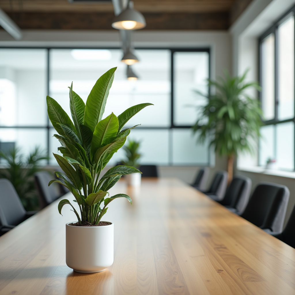 ZZ plant in a modern Brazilian office, clean design, professional photography, 8K quality, sharp Zamioculca atraindo prosperidade e purificando o ar no escritório.