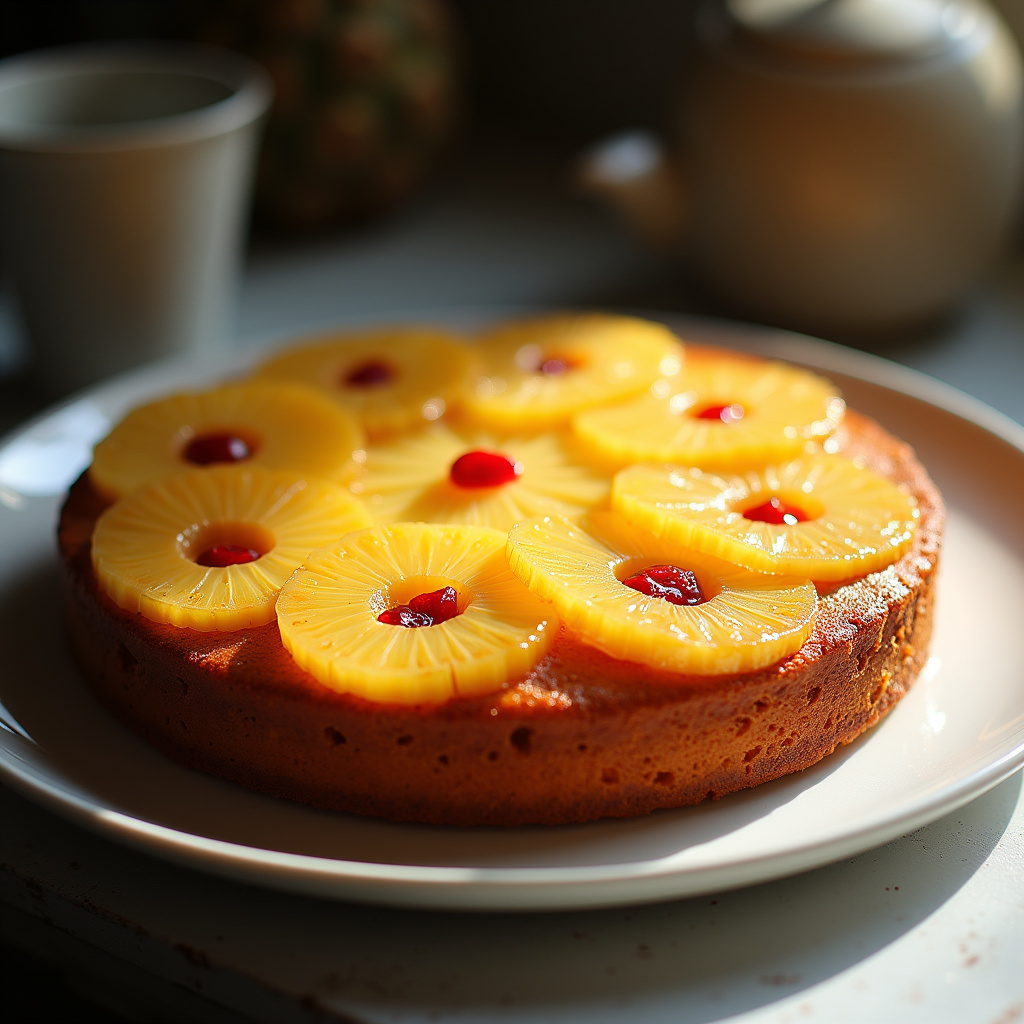 8K quality, sharp focus, hyper-realistic photography of upside-down pineapple cake, caramelized Bolo de abacaxi caramelizado invertido.