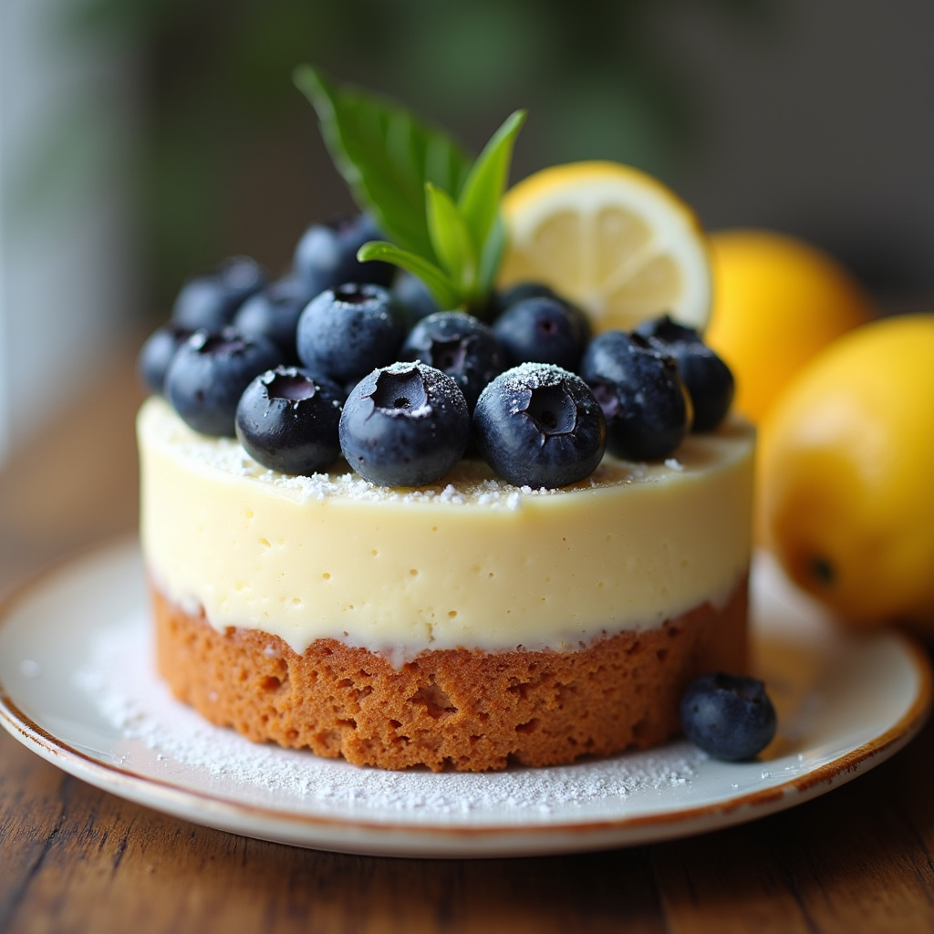 8K quality, sharp focus, hyper-realistic photography of lemon blueberry cake, natural lighting, Bolo de limão siciliano com mirtilos.