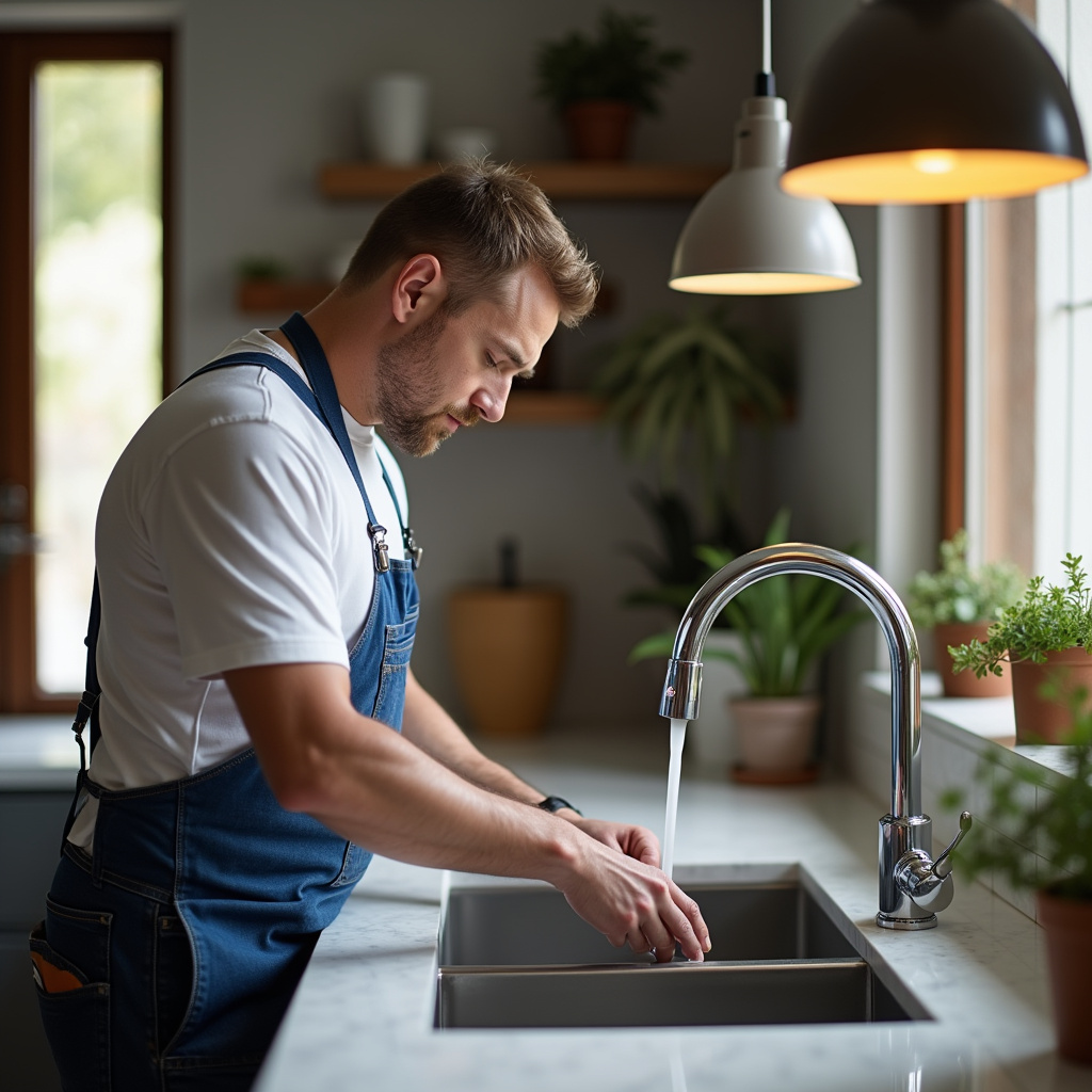8K quality, sharp focus, lifestyle photography of a handyman fixing a dripping faucet in a modern Marido de aluguel consertando torneira pingando.