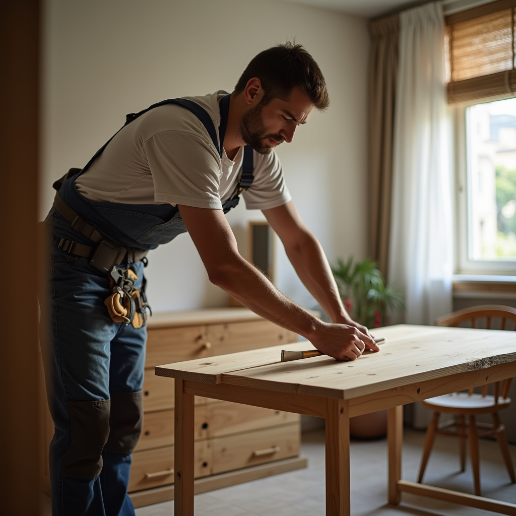 8K quality, sharp focus, lifestyle photography of a handyman assembling furniture in a São Paulo Marido de aluguel montando móveis em SP.