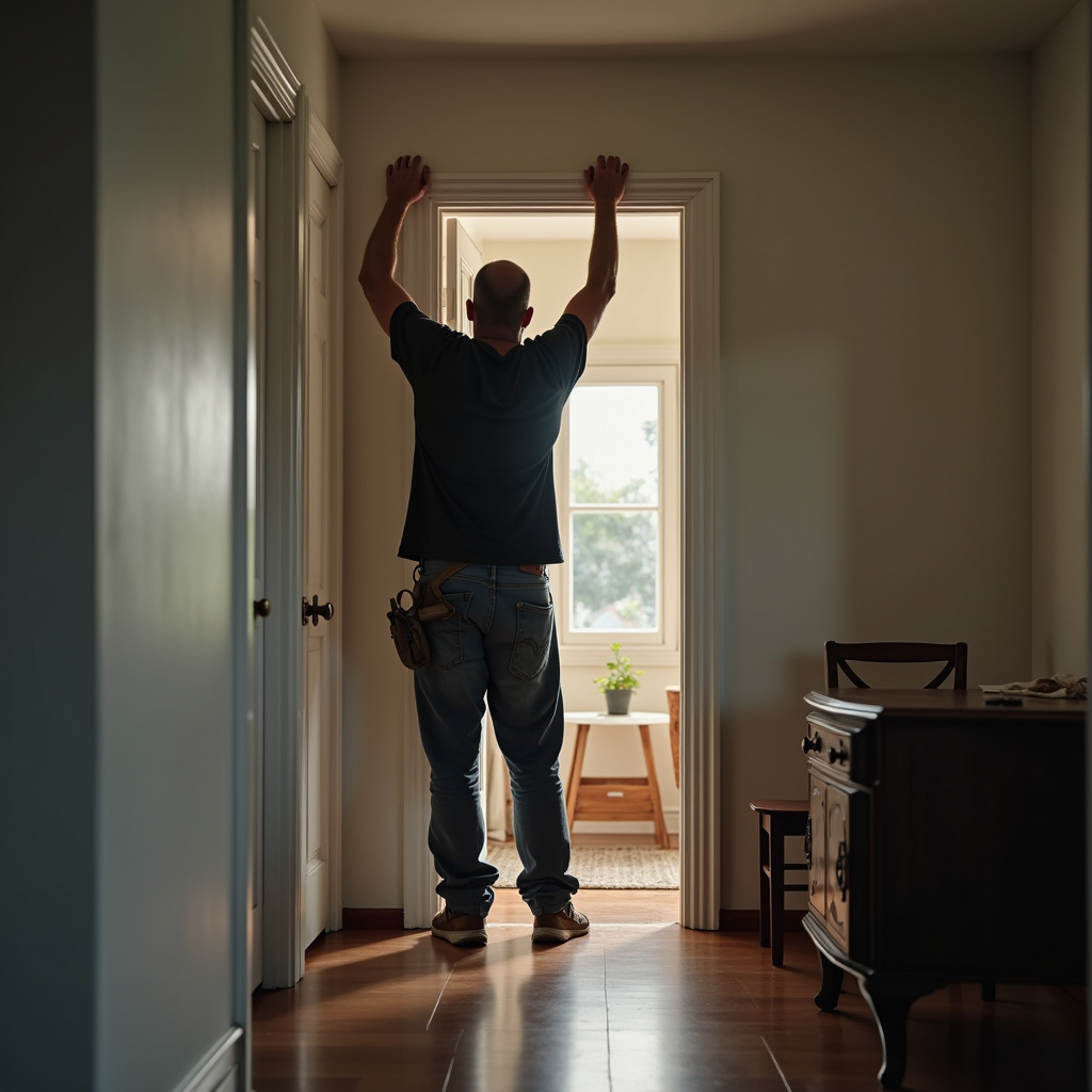 8K quality, sharp focus, lifestyle photography of a handyman fixing a door in a São Paulo house, Ajustes em portas e janelas em SP.