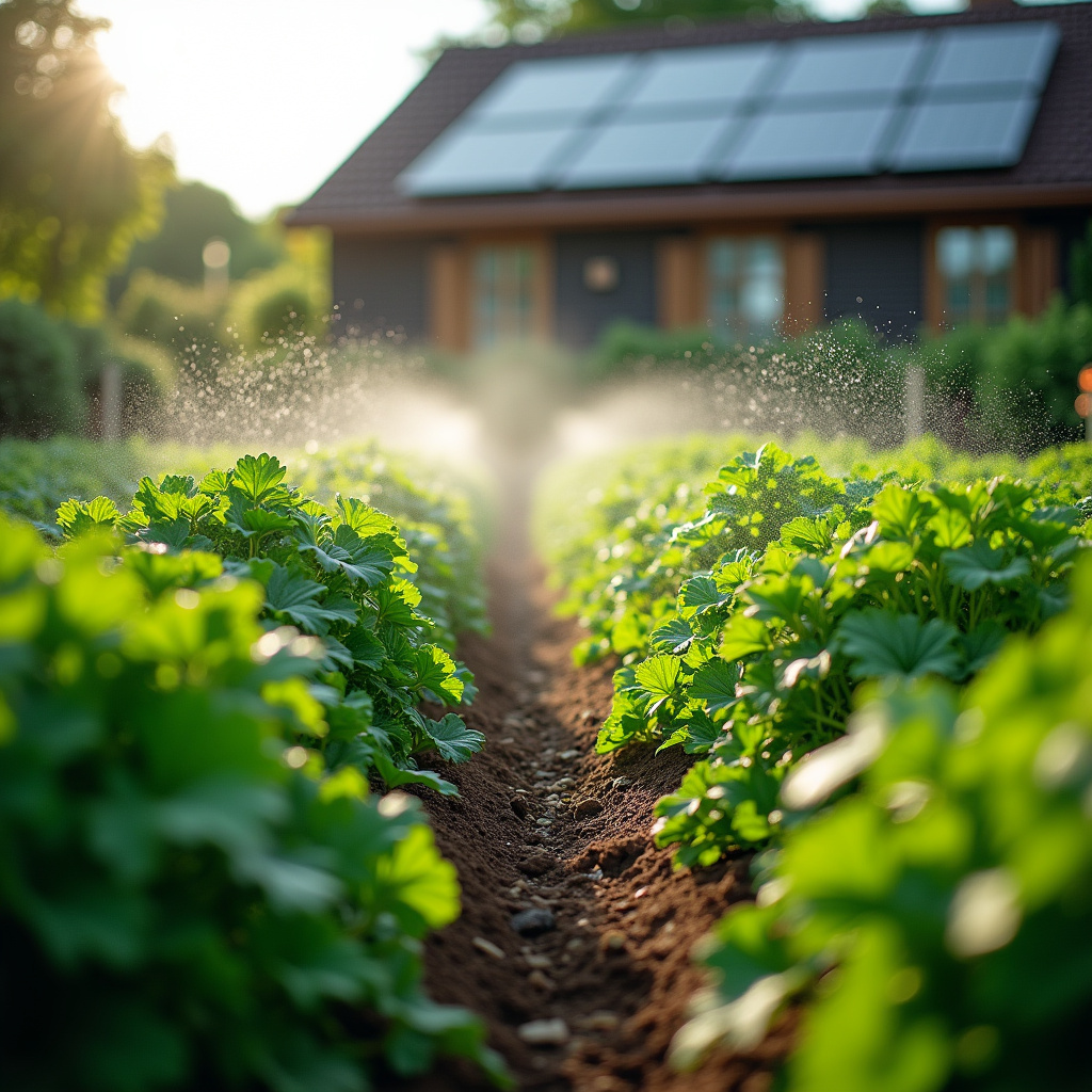 A lush vegetable garden with solar panels integrated, irrigation system powered by solar energy, Horta vibrante com painéis solares e irrigação sustentável.