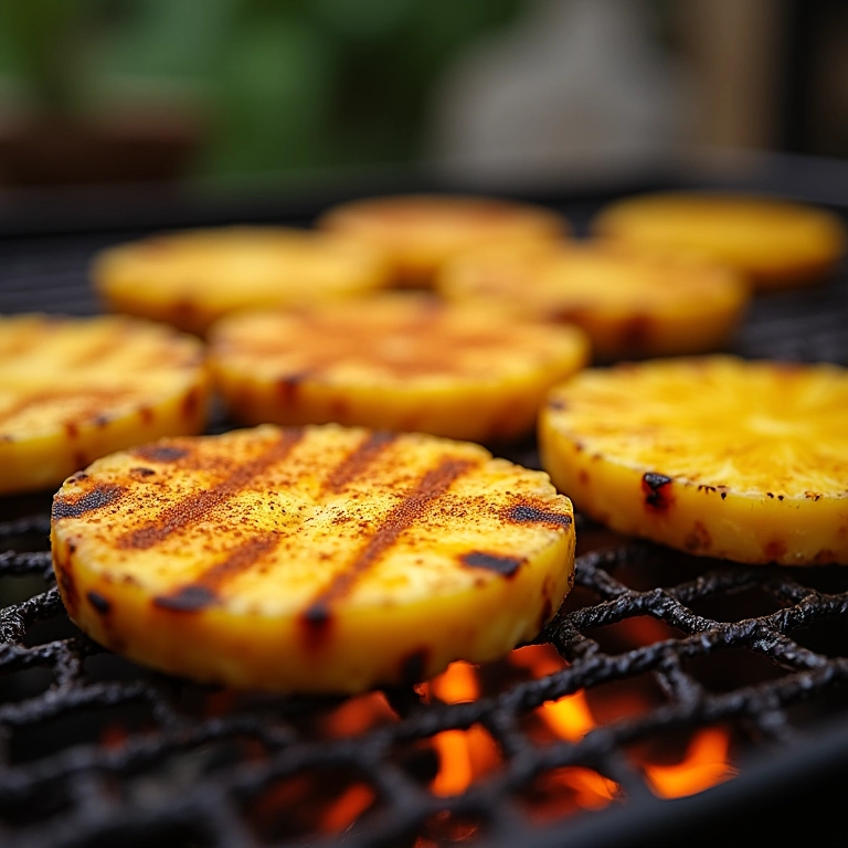 Abacaxi com canela grelhando na churrasqueira, uma sobremesa fácil e deliciosa.