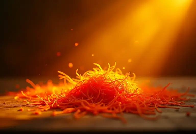 Açafrão em fios caindo sobre mesa de madeira rústica