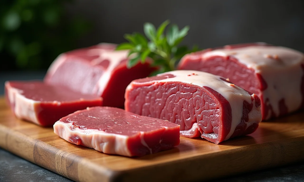 Açougueiro demonstra cortes de vitela ideais para Blanquette de Veau.