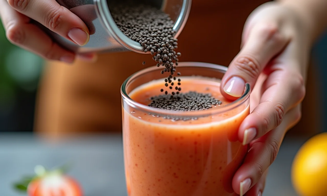 Adicionando chia em um smoothie para ossos fortes e dentes saudáveis.