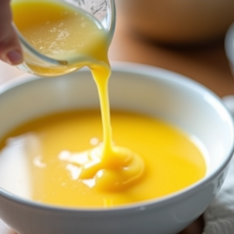 Adicionando leite aos ovos batidos em uma tigela, preparando a omelete.