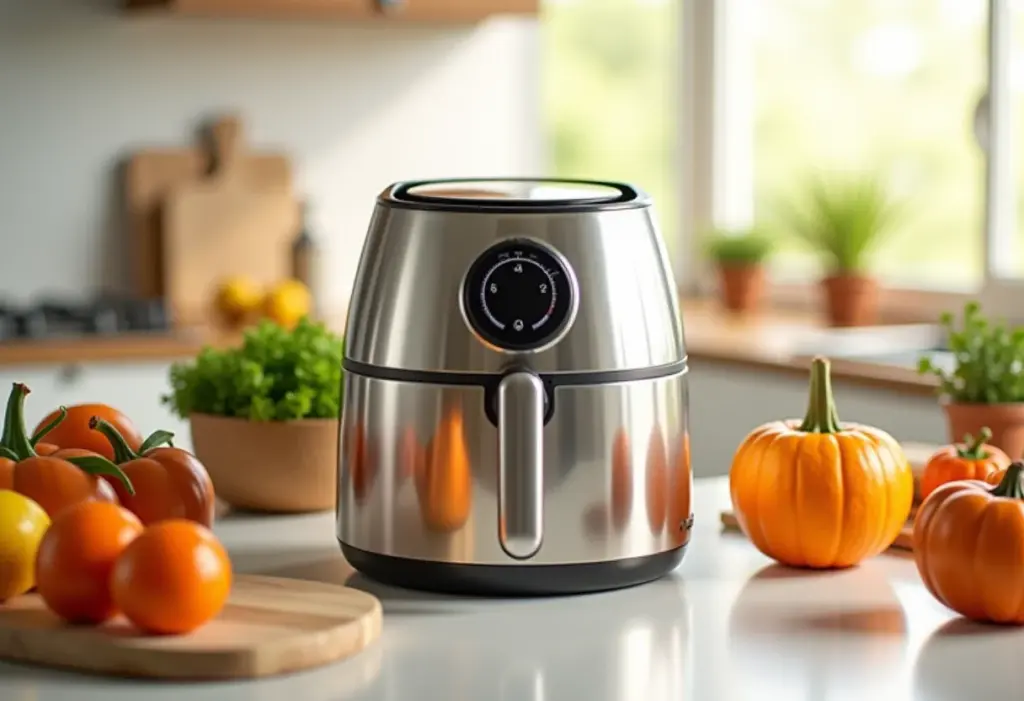 Airfryer brilhando em cozinha moderna com ingredientes de limpeza naturais