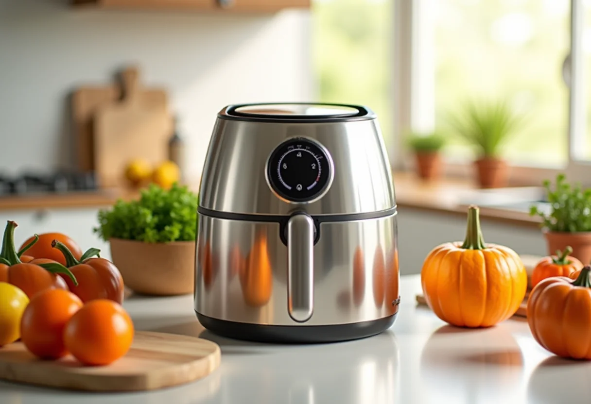 Airfryer brilhando em cozinha moderna com ingredientes de limpeza naturais