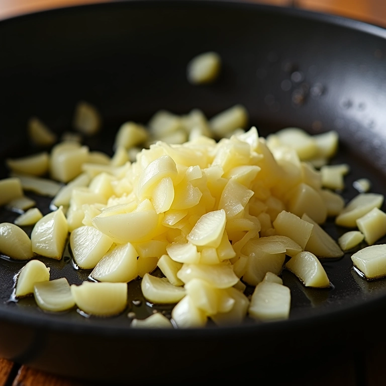 Alho e cebola refogando em uma panela, base para o tempero do feijão.