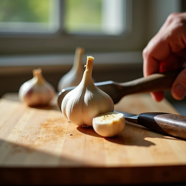 Alho fresco sendo picado para tempero caseiro